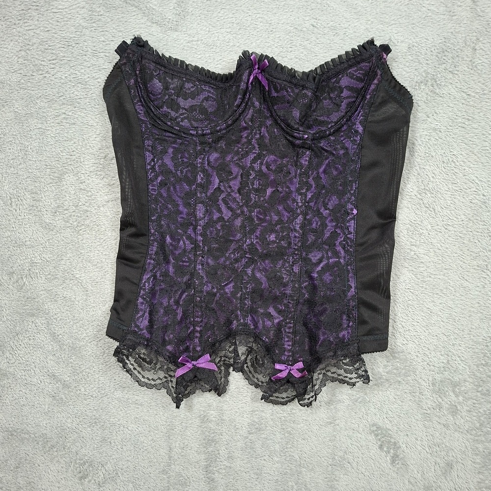 VTG Fredericks Of Hollywood Corset‎ Bustier Size 32 Purple / Black Lace Garter